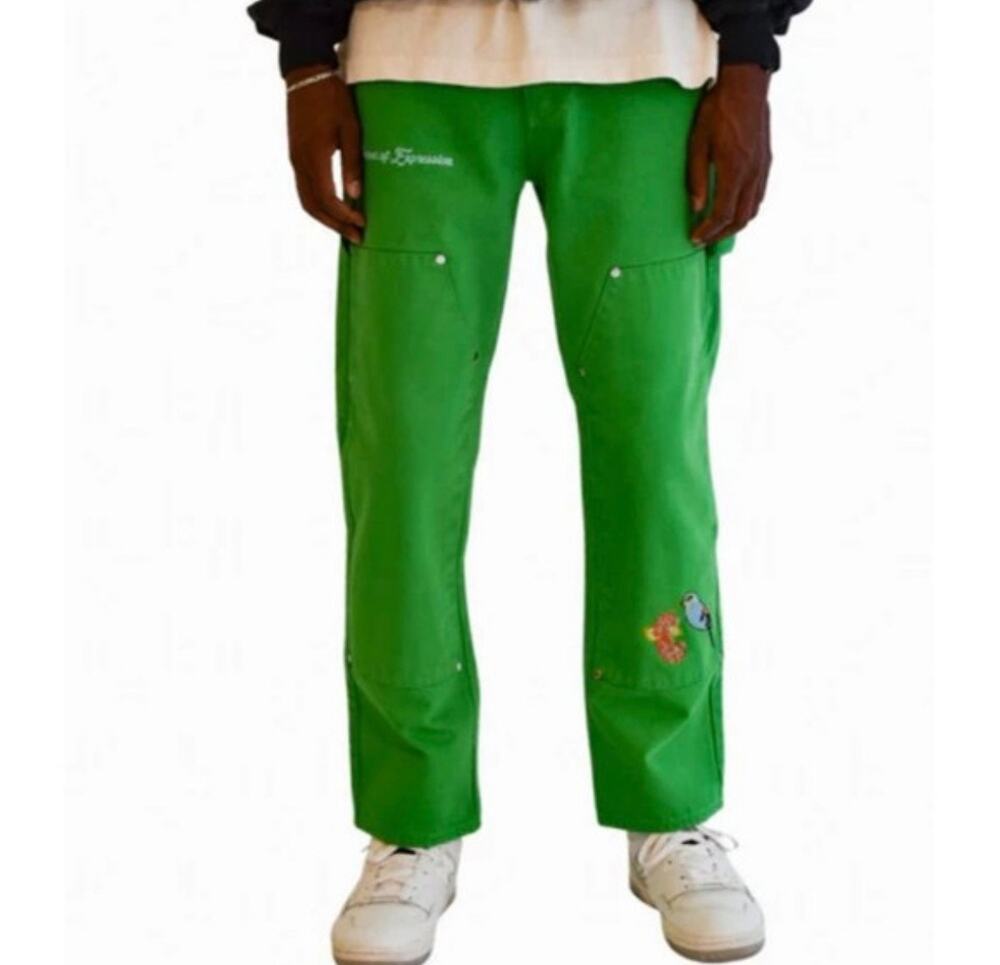Mechali Green Embroidered Carpenter Jeans Mens XS 28 Double Knee Streetwear